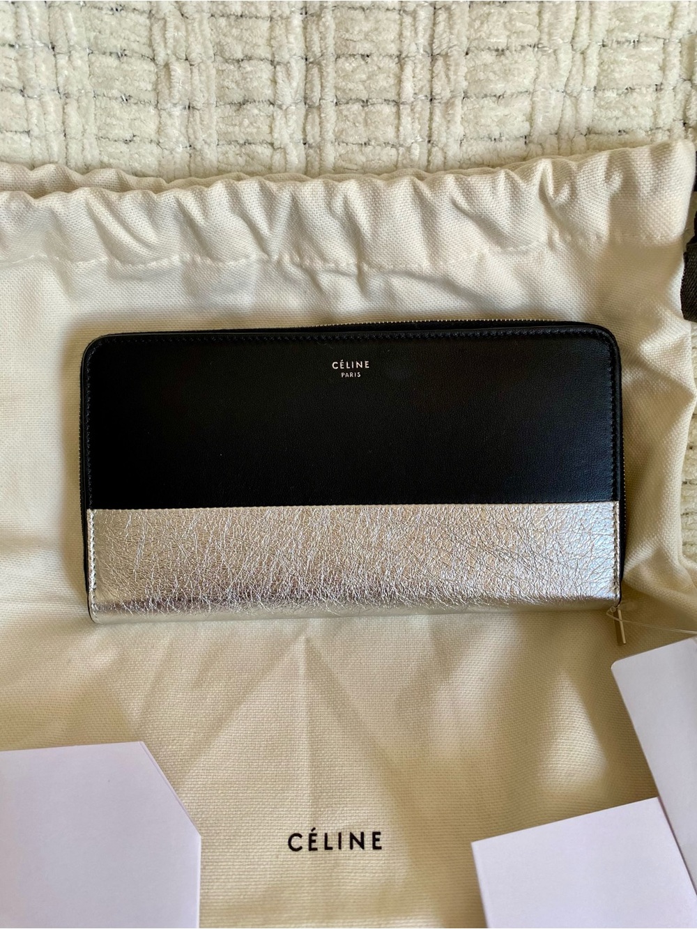 Celine Black Silver Bicolor Zip Around Continental Wallet Clutch NWT